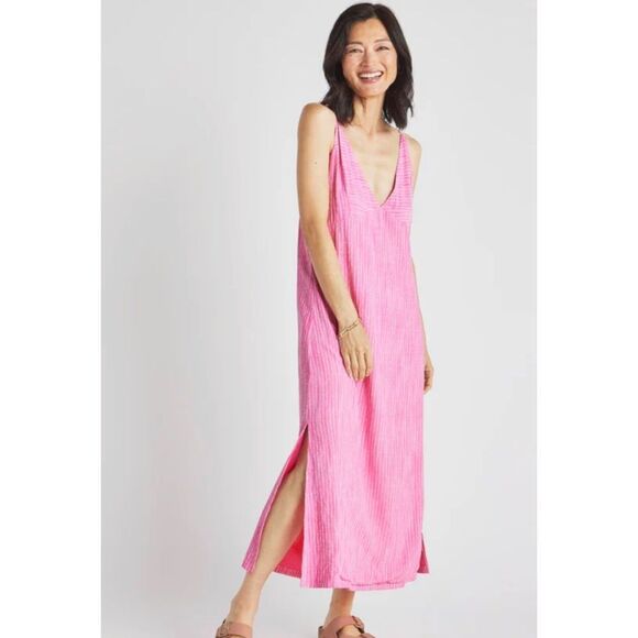 New Splendid Pink & White Midi Dress Linen Blend Vertical Striped Size Large - Picture 3 of 10